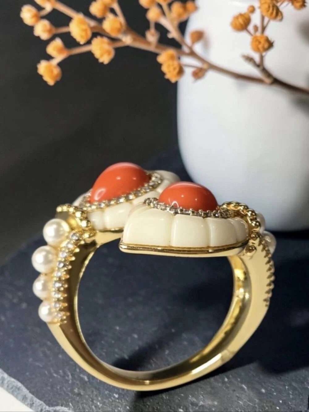 18k Gold Plated Designer Scallop Lucite Coral Cabochon Pearl Crystal Bypass Ring